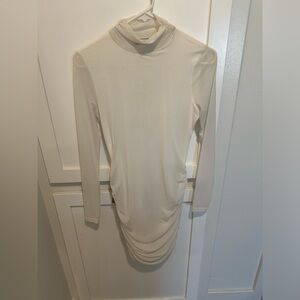 White Long Sleeve Mesh Turtleneck Dress